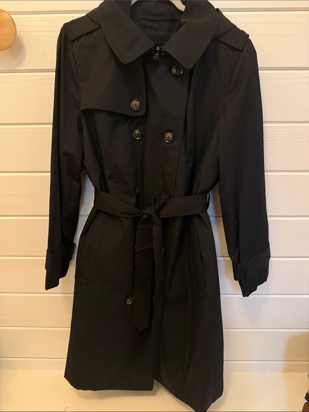 London Fog Black Quilted Lined Double Breasted Classic Trench Coat With Hood